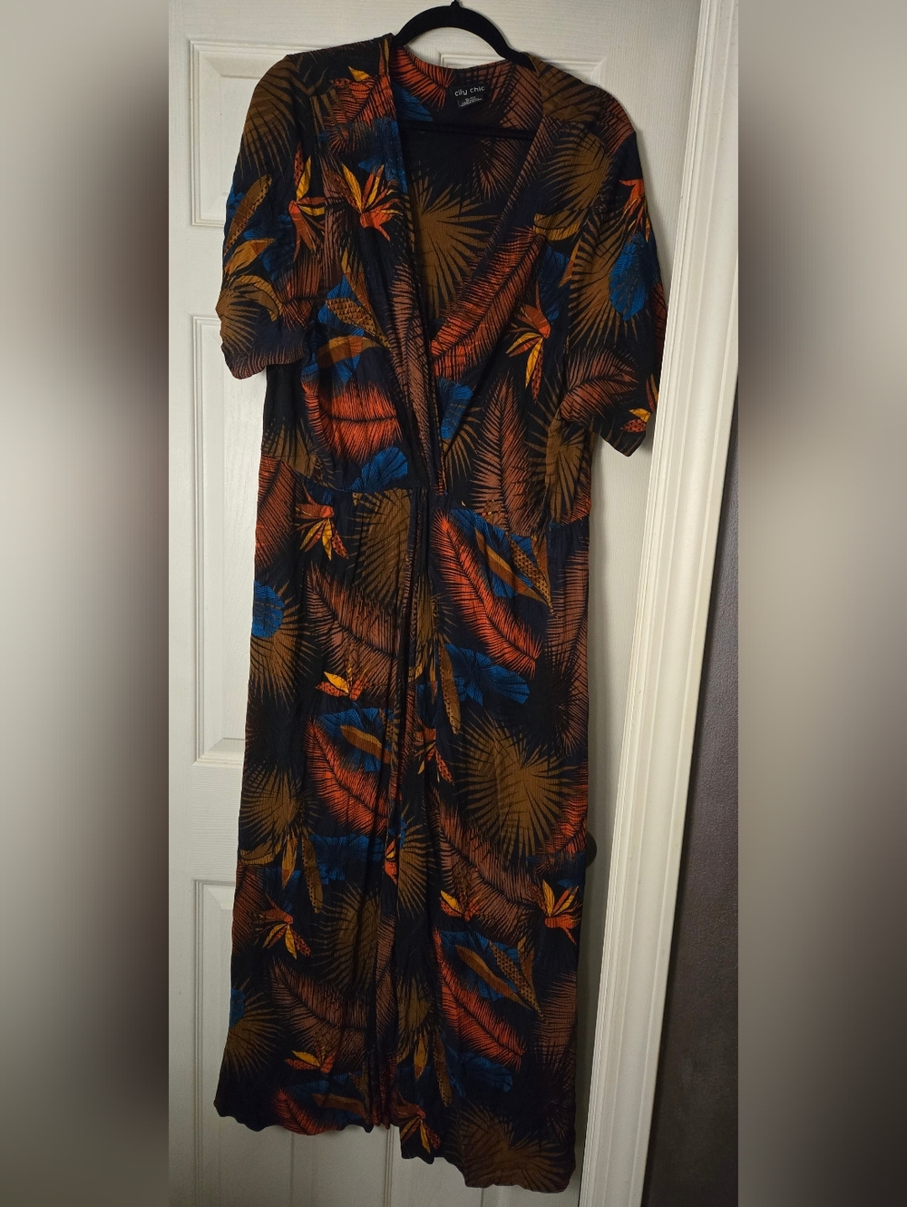 City Chic Black Tropical Print Maxi Dress with Blue and Orange Accents